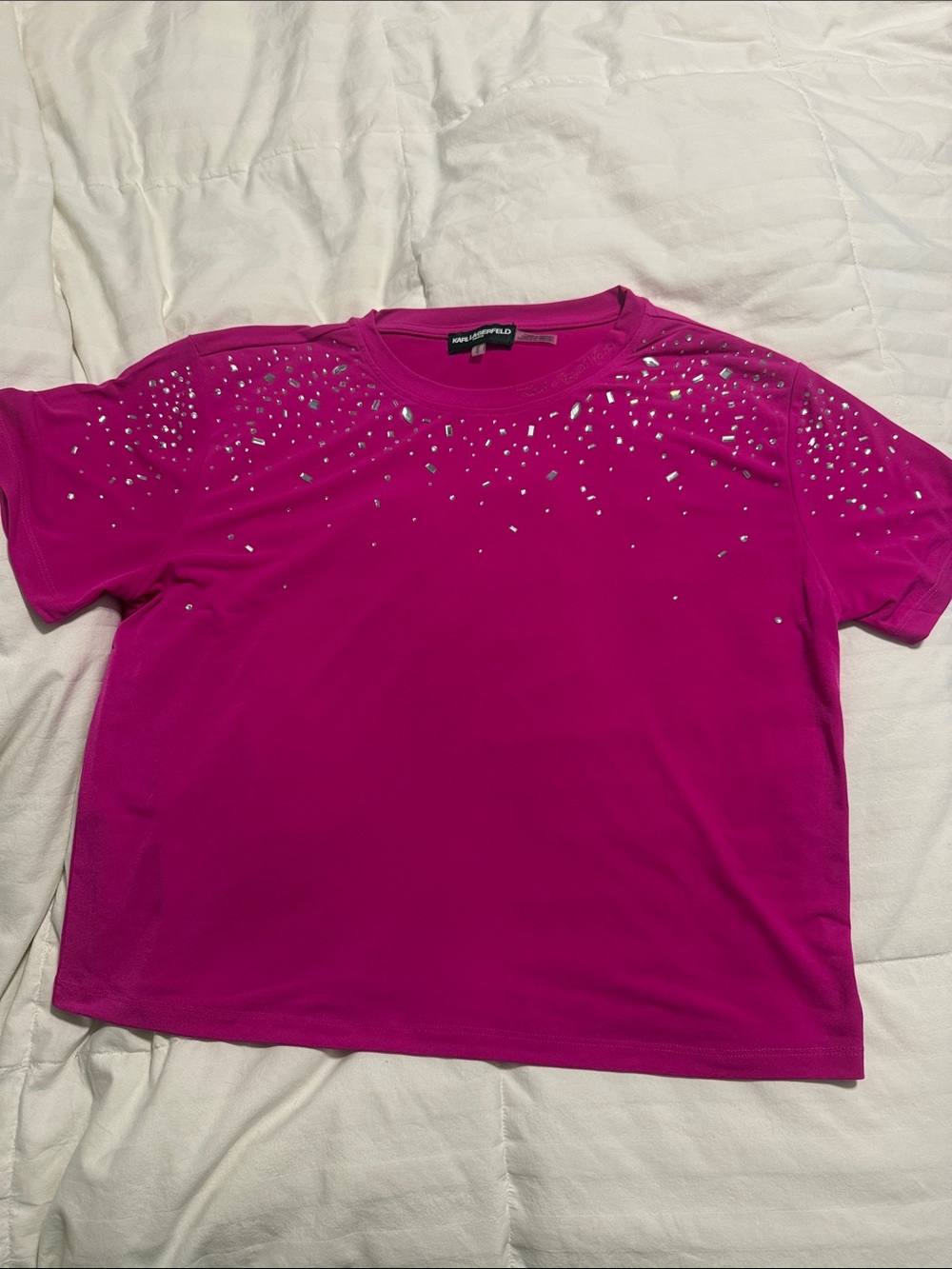 Karl Lagerfeld - Magenta Short-Sleeve Top with Rhinestone Accents - Medium